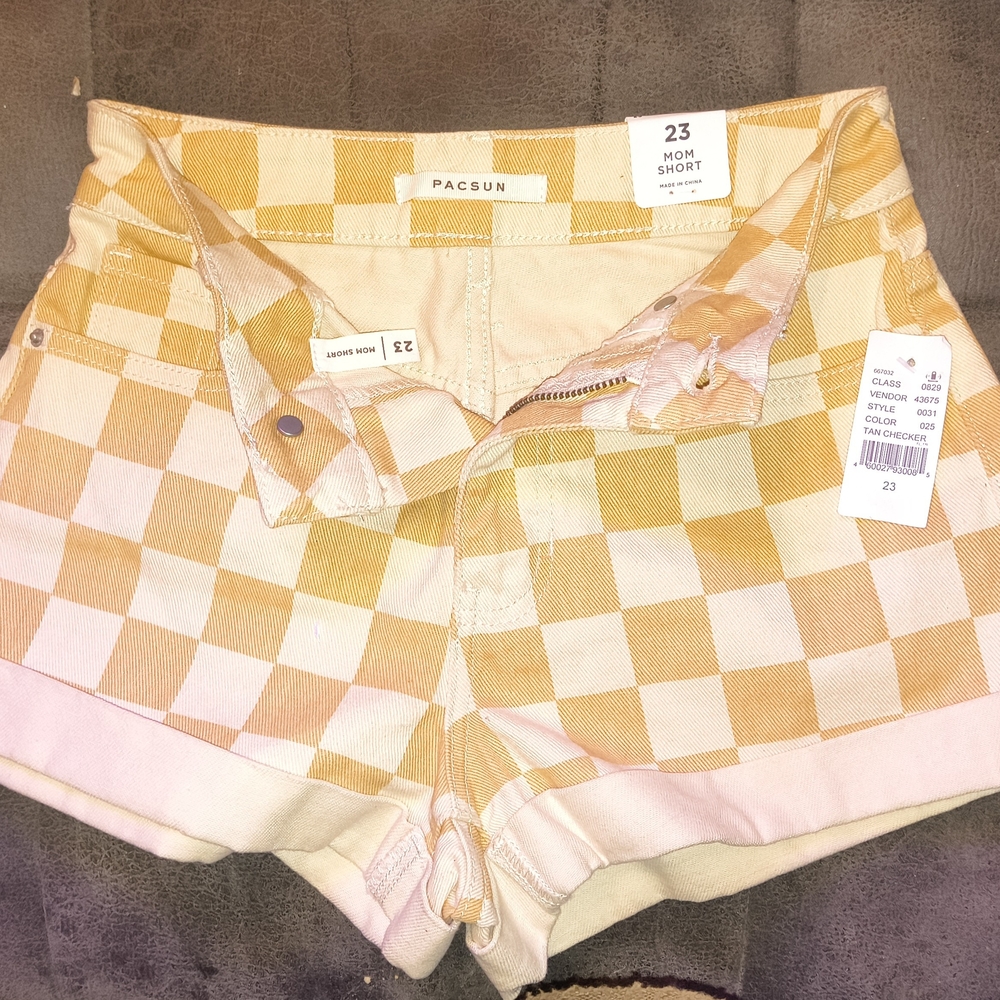PacSun Women's Checkered Jean Shorts - Cream and Tan (Sz. 24 XS)